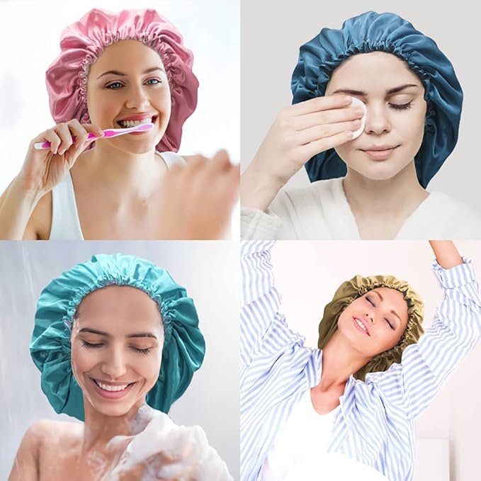 Mend Satin Shower Cap & Sleep Bonnet, Champagne & Blush, 2 pk.