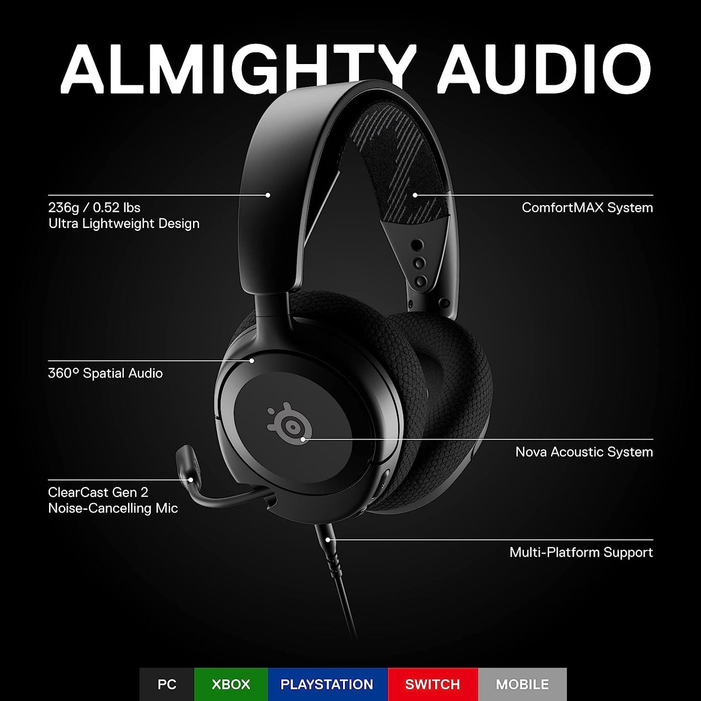 NEW SteelSeries Arctis Nova 1 Multi-System Gaming Headset — Hi-Fi Drivers — 360° Spatial Audio — Comfort Design — Durable — Ultra Lightweight — Noise-Cancelling Mic — PC, PS5/PS4, Switch, Xbox – Black