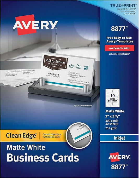 Avery True Print Clean Edge Business Cards, Inkjet, 2 x 3 1/2, White, 200/Pack